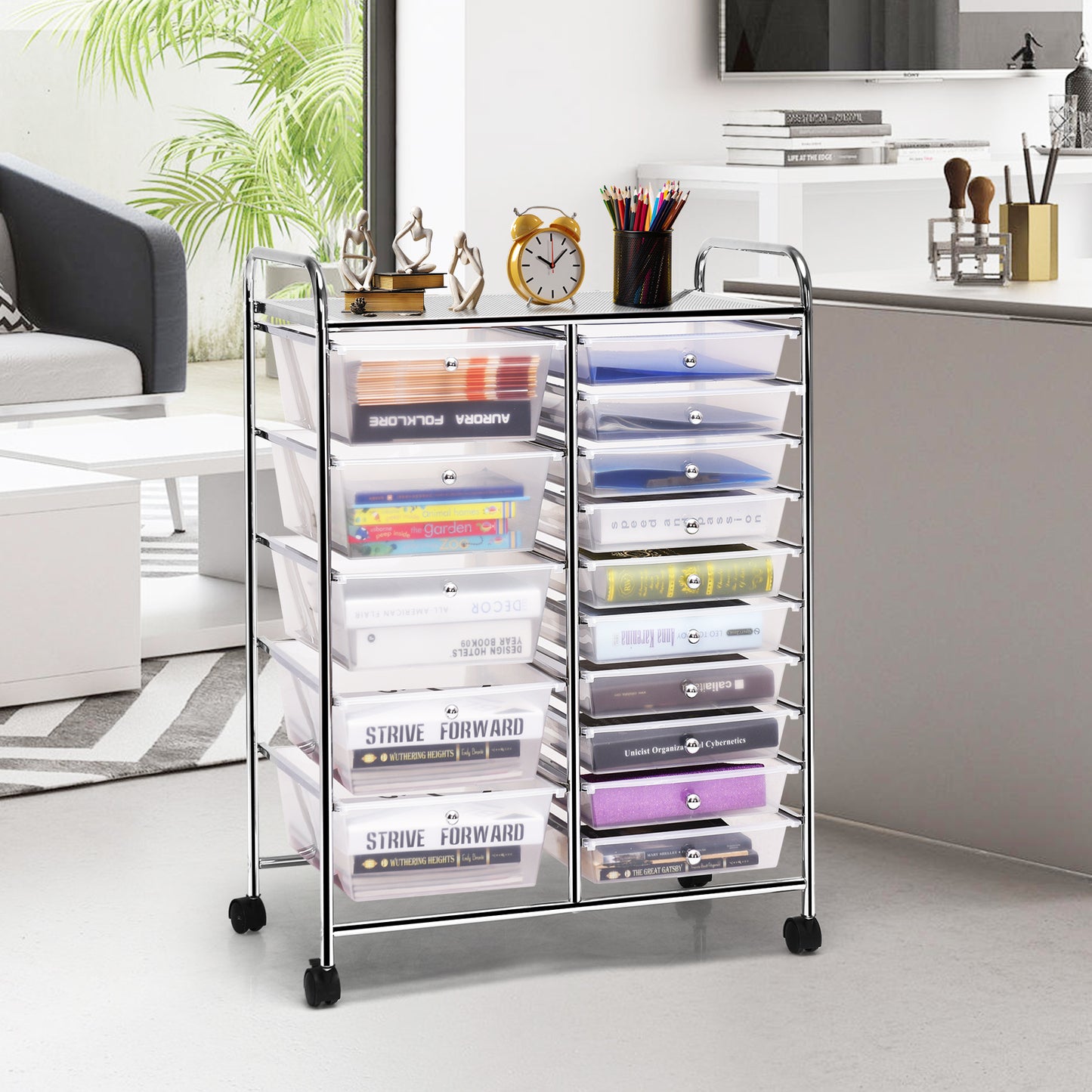 15-Drawer Utility Rolling Organizer Cart Multi-Use Storage-Clear Kids Crystal