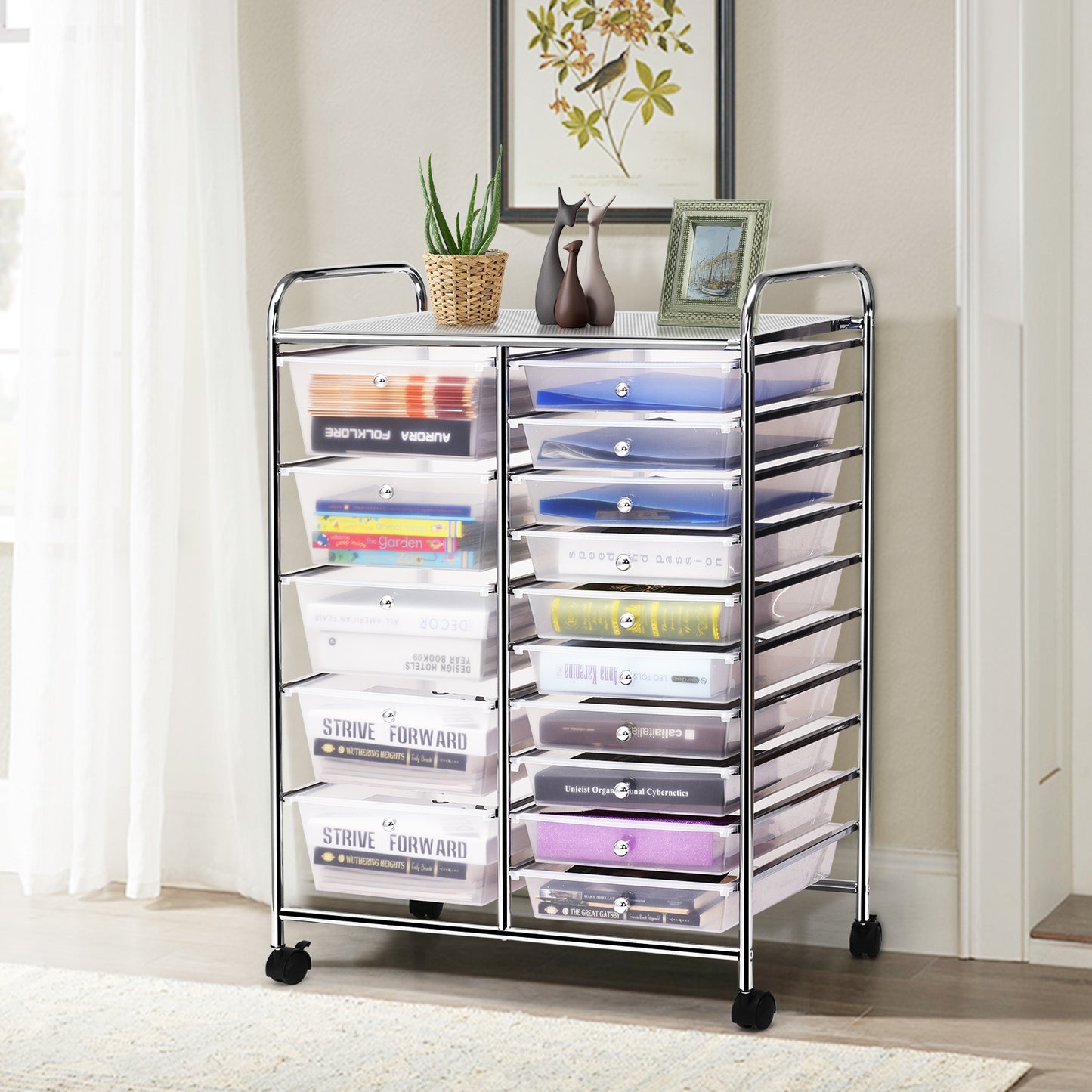 15-Drawer Utility Rolling Organizer Cart Multi-Use Storage-Clear Kids Crystal