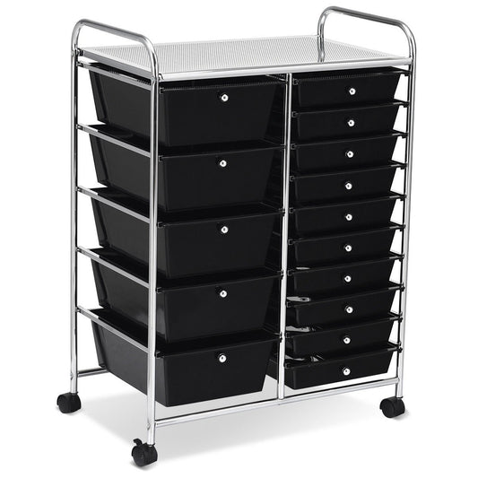 15-Drawer Utility Rolling Organizer Cart Multi-Use Storage-Black Kids Crystal