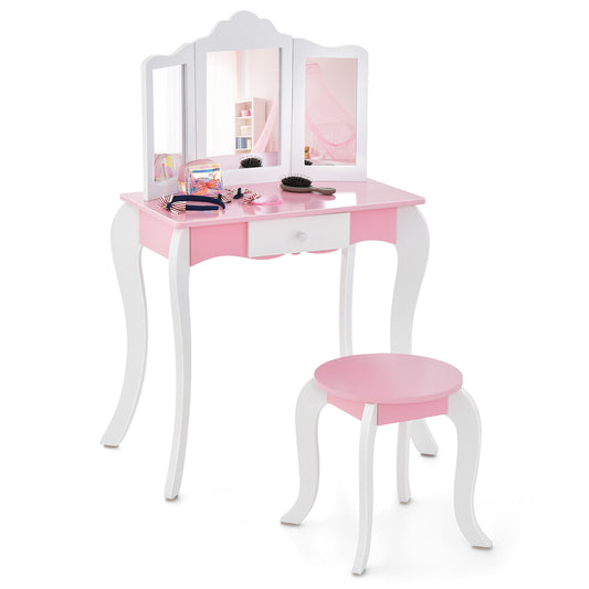 Kid's Wooden Vanity Table and Stool Set with 3-Panel Acrylic Mirror-White Kids Crystal