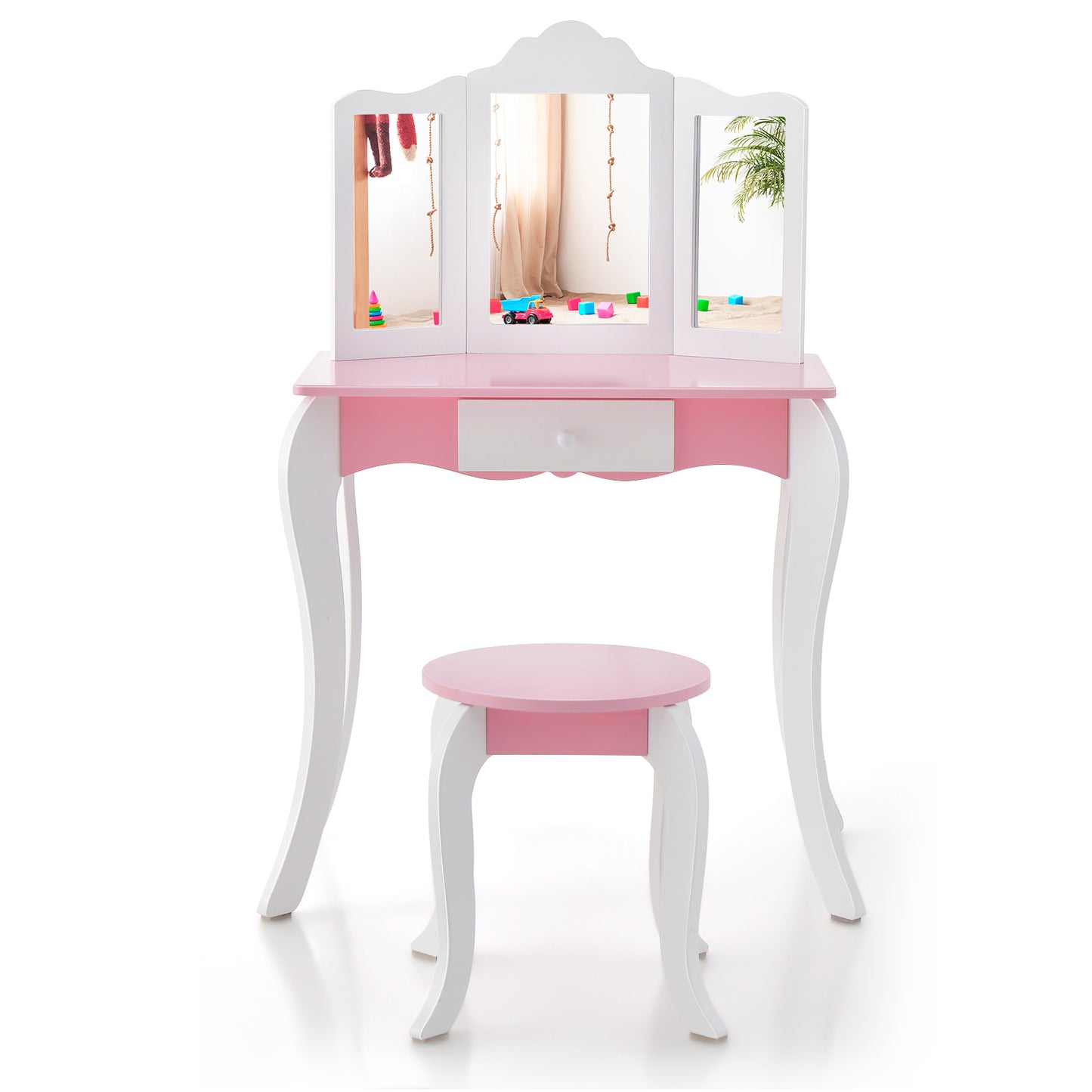 Kid's Wooden Vanity Table and Stool Set with 3-Panel Acrylic Mirror-White Kids Crystal