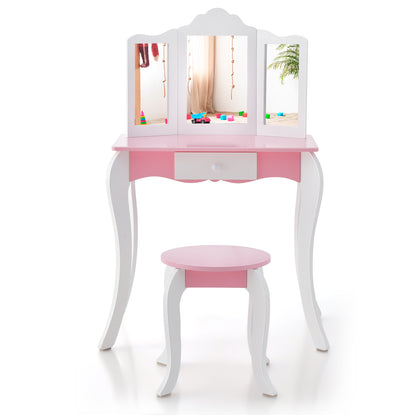 Kid's Wooden Vanity Table and Stool Set with 3-Panel Acrylic Mirror-White