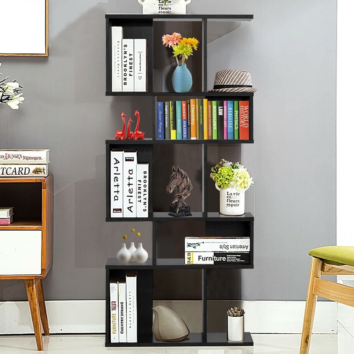 5 Cubes Ladder Shelf Corner Bookshelf Display Rack Bookcase-Black Kids Crystal