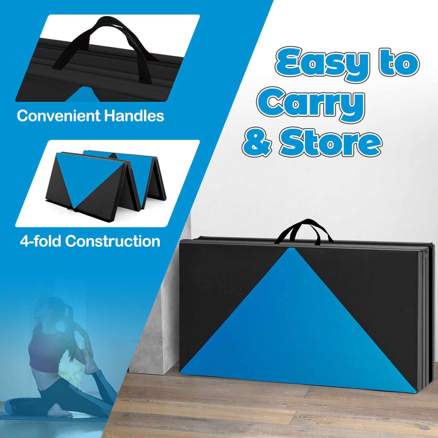 8 Feet PU Leather Folding Gymnastics Mat with Hook and Loop Fasteners-Blue Kids Crystal