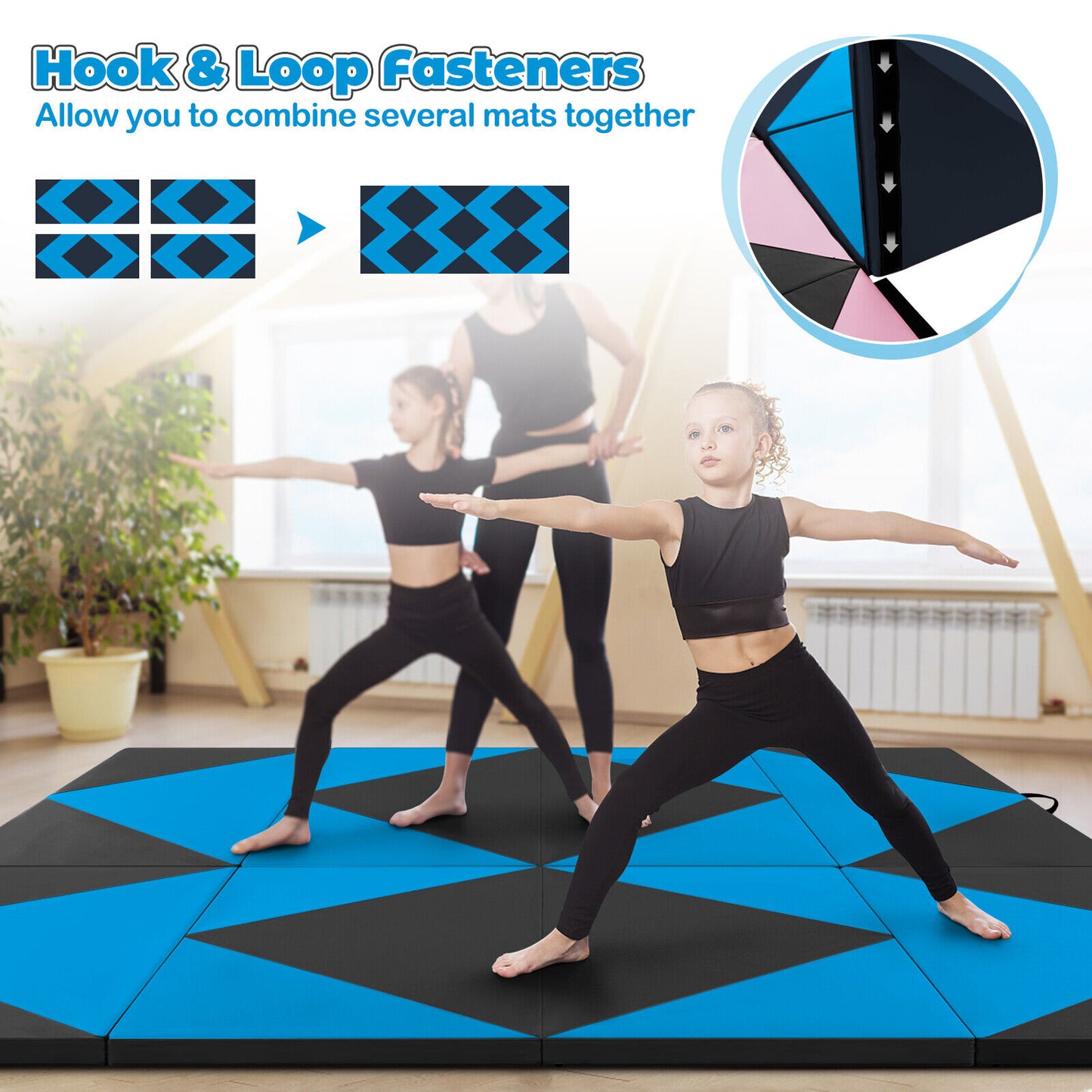 8 Feet PU Leather Folding Gymnastics Mat with Hook and Loop Fasteners-Blue Kids Crystal