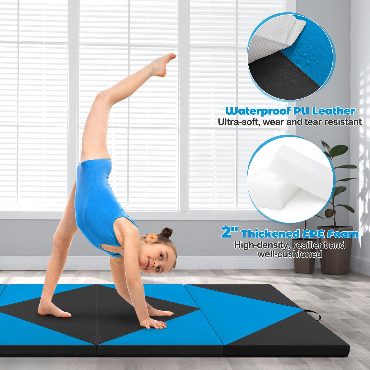 8 Feet PU Leather Folding Gymnastics Mat with Hook and Loop Fasteners-Blue Kids Crystal