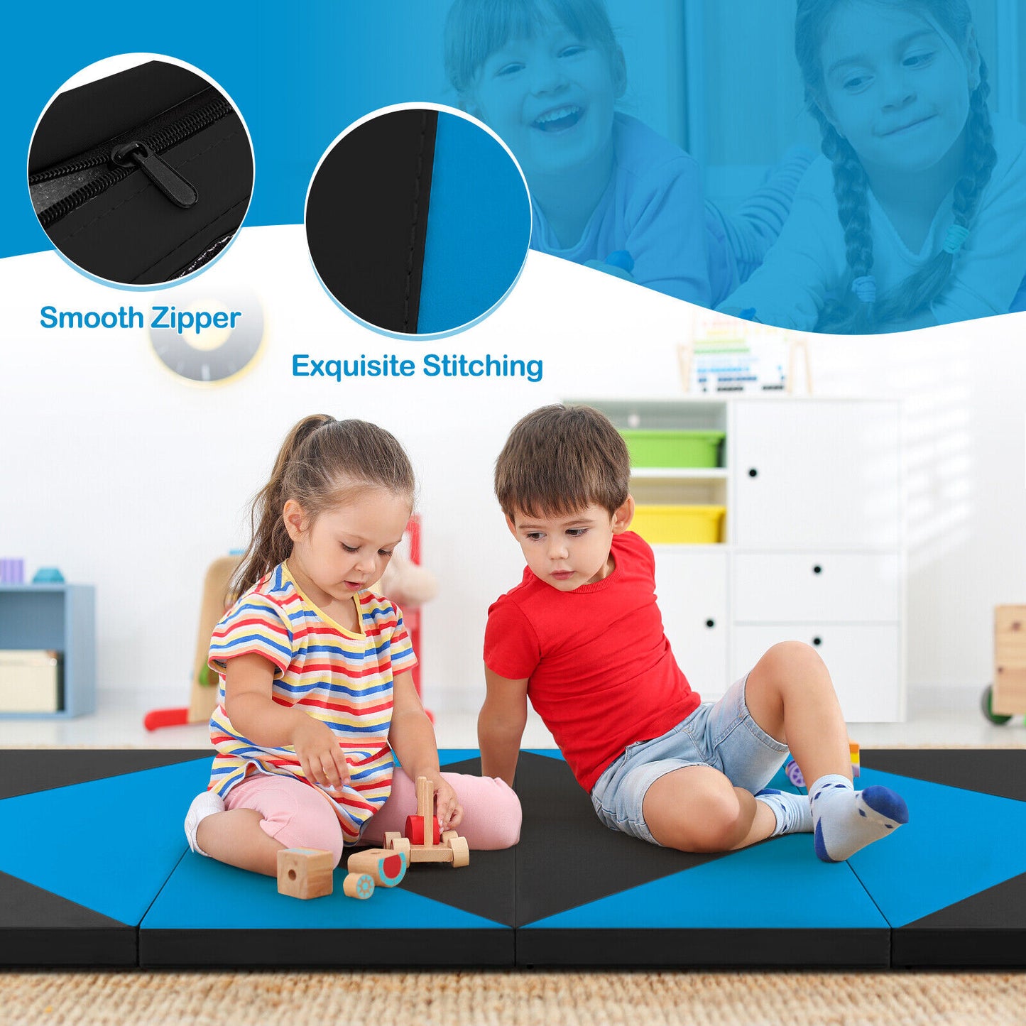 8 Feet PU Leather Folding Gymnastics Mat with Hook and Loop Fasteners-Blue Kids Crystal