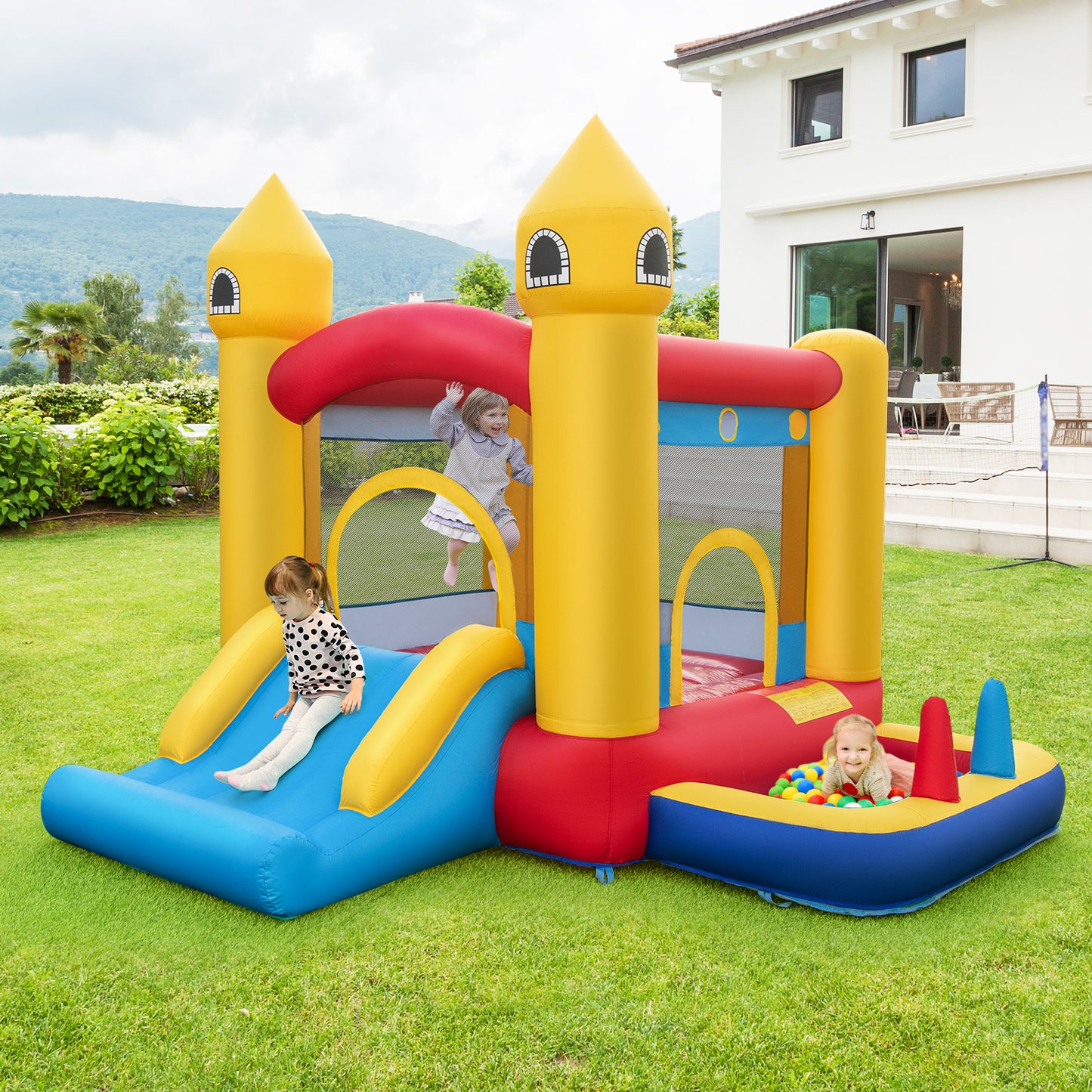 Inflatable Bounce House with 480W Blower and Ocean Balls for Yard Kids Crystal