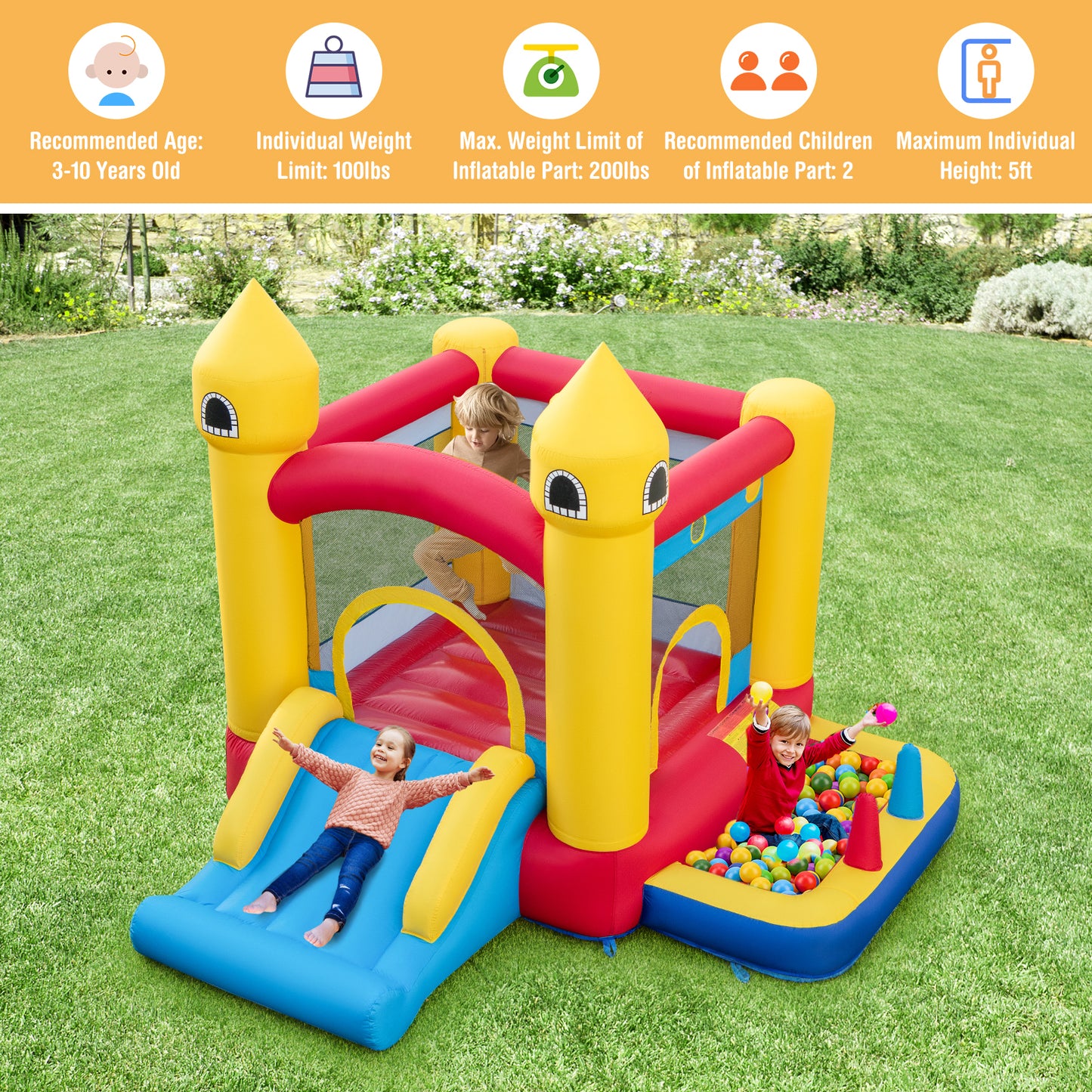 Inflatable Bounce House with 480W Blower and Ocean Balls for Yard Kids Crystal