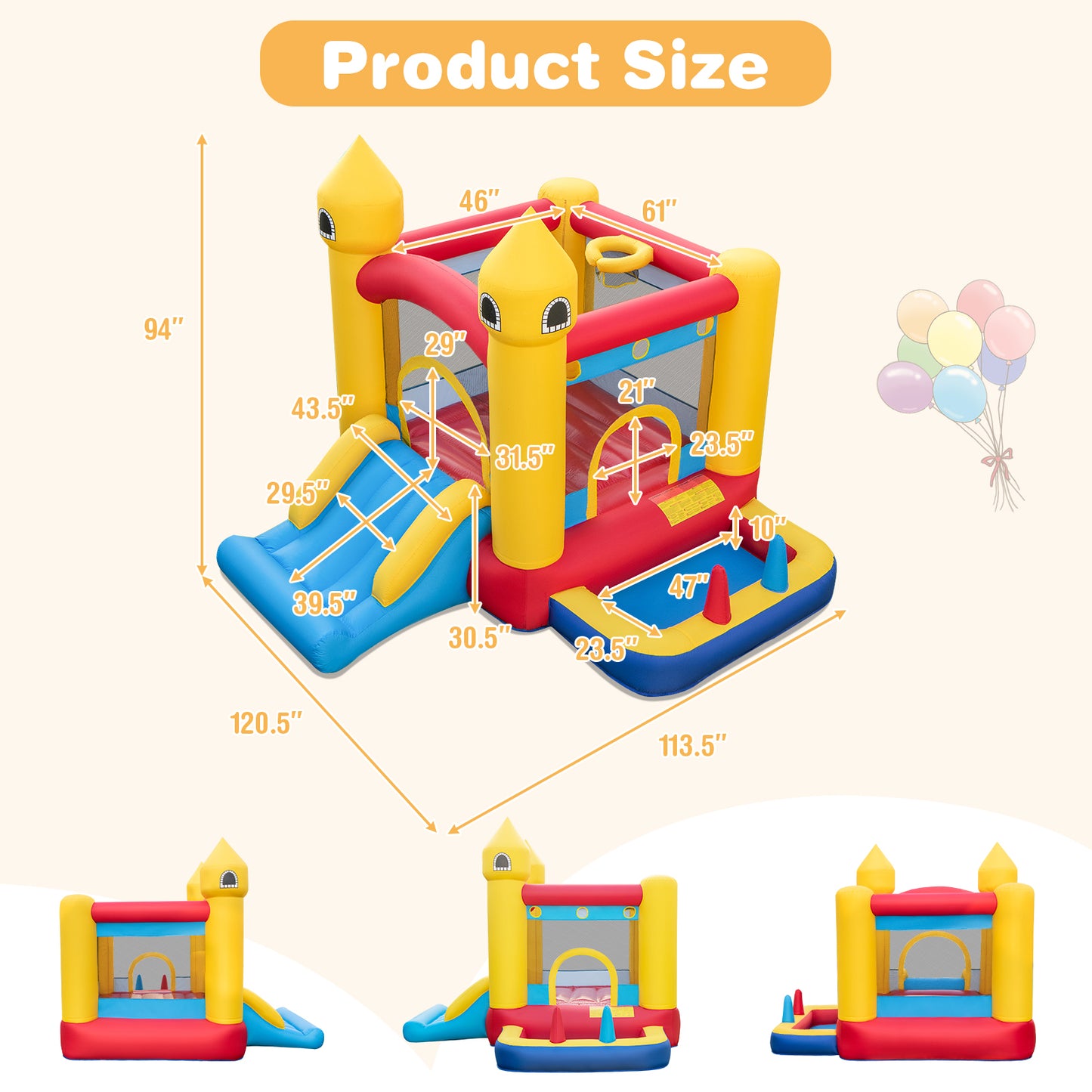 Inflatable Bounce House with 480W Blower and Ocean Balls for Yard Kids Crystal