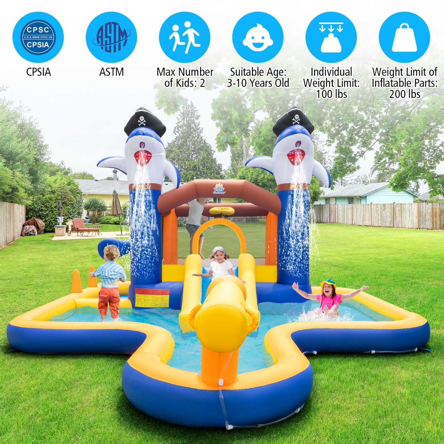 7-In-1 Water Slide Park with Splash Pool and Water Cannon with 680W Blower