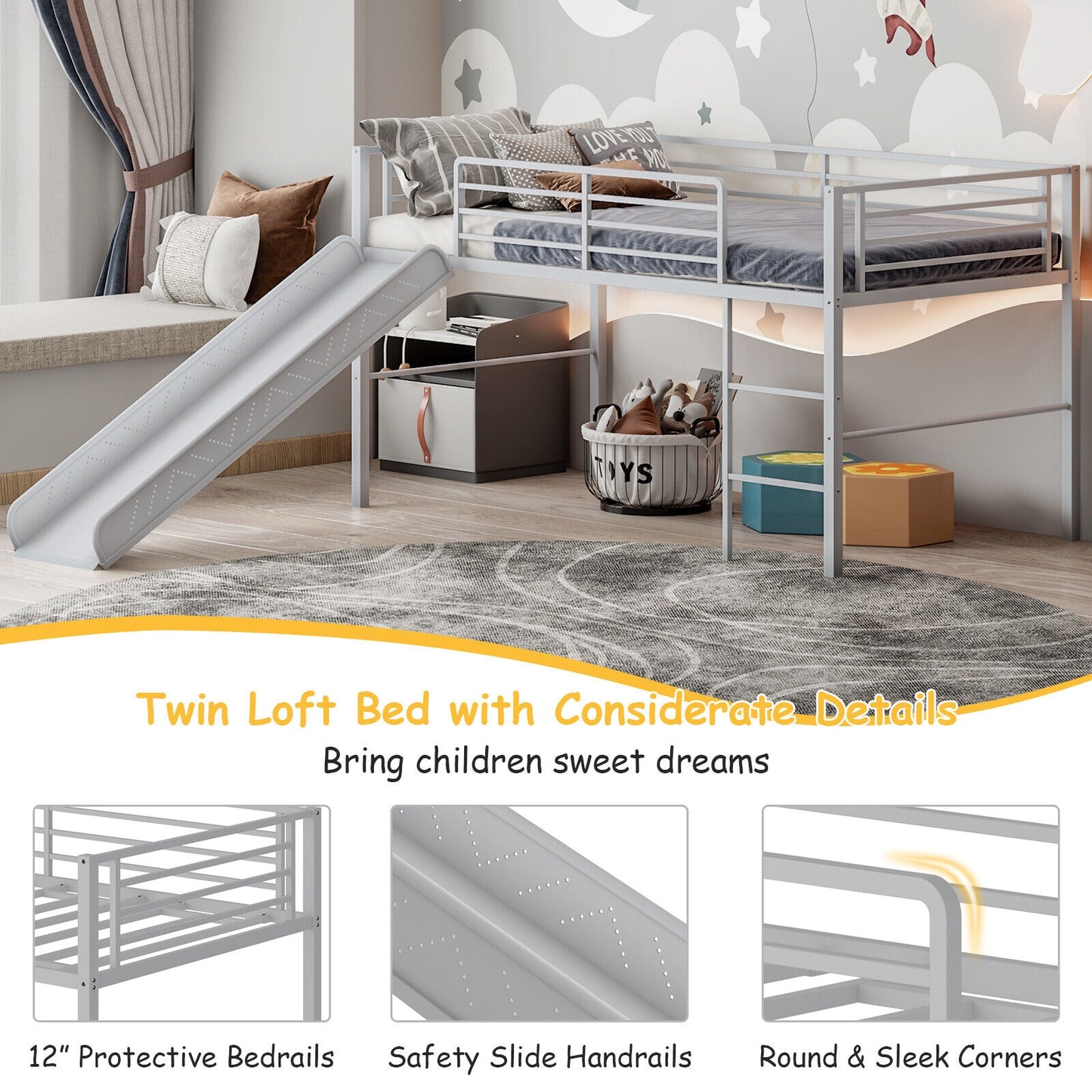 Twin Metal Loft Bed with Slide with Safety Guardrails and Built-in Ladder-Silver Kids Crystal