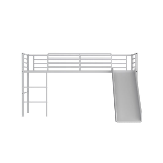 Twin Metal Loft Bed with Slide with Safety Guardrails and Built-in Ladder-Silver Kids Crystal