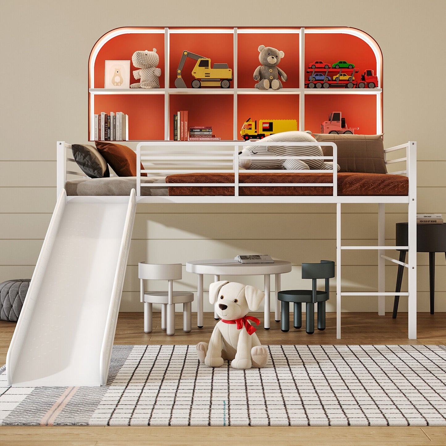 Twin Metal Loft Bed with Slide with Safety Guardrails and Built-in Ladder-White Kids Crystal