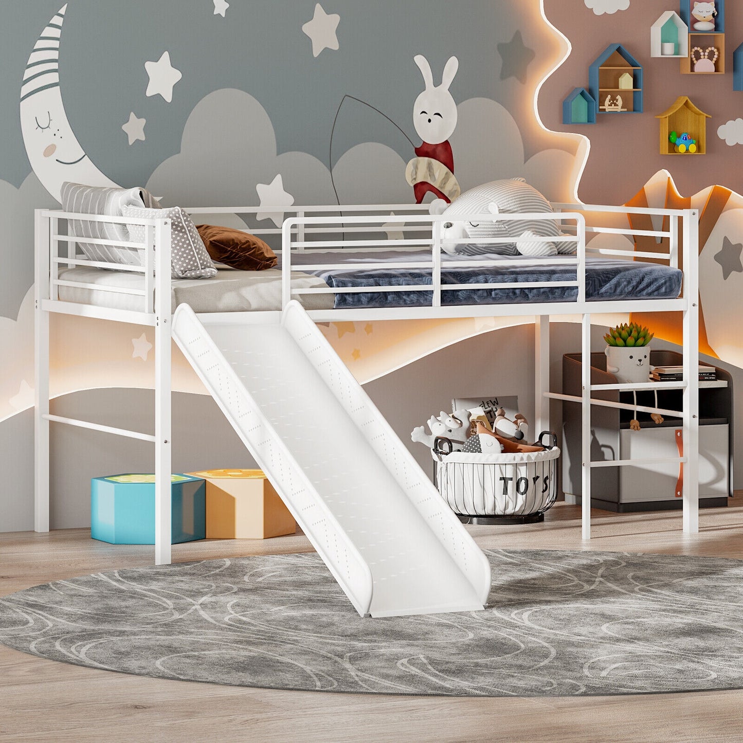 Twin Metal Loft Bed with Slide with Safety Guardrails and Built-in Ladder-White Kids Crystal