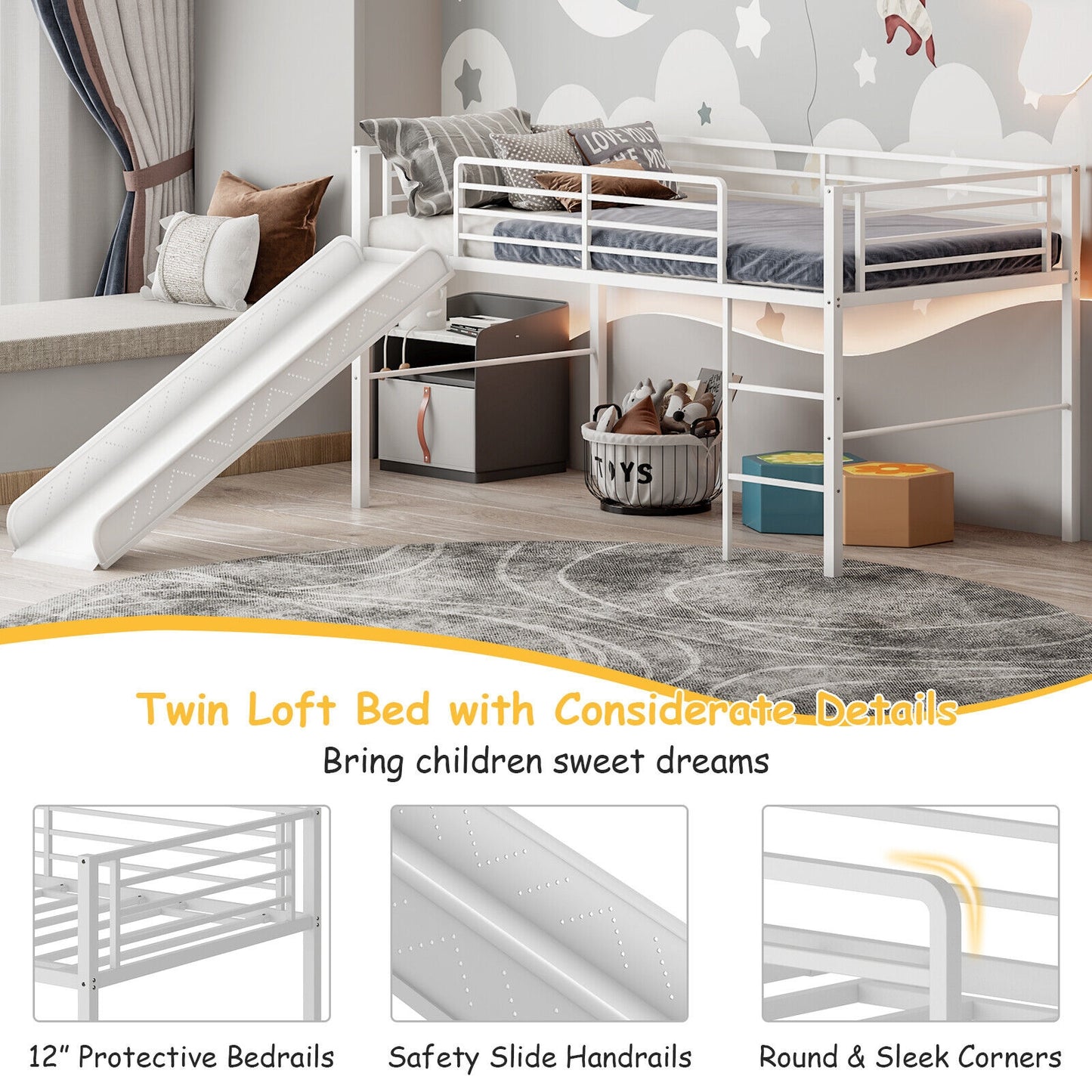 Twin Metal Loft Bed with Slide with Safety Guardrails and Built-in Ladder-White Kids Crystal