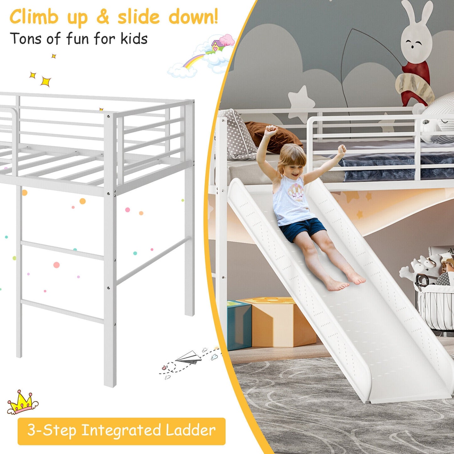 Twin Metal Loft Bed with Slide with Safety Guardrails and Built-in Ladder-White Kids Crystal