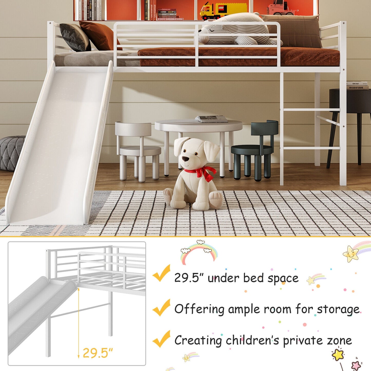 Twin Metal Loft Bed with Slide with Safety Guardrails and Built-in Ladder-White Kids Crystal