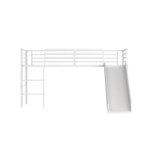 Twin Metal Loft Bed with Slide with Safety Guardrails and Built-in Ladder-White Kids Crystal