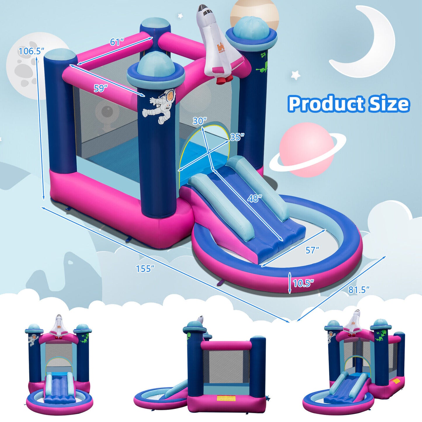 3-in-1 Inflatable Space-themed Bounce House with 480W Blower Kids Crystal