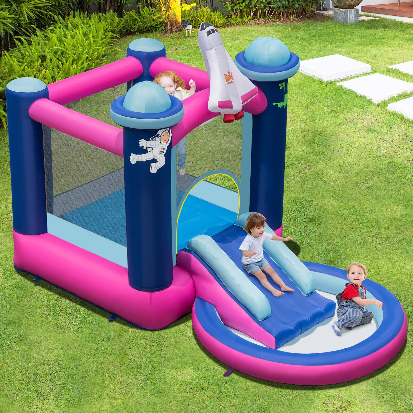 3-in-1 Inflatable Space-themed Bounce House with 480W Blower Kids Crystal