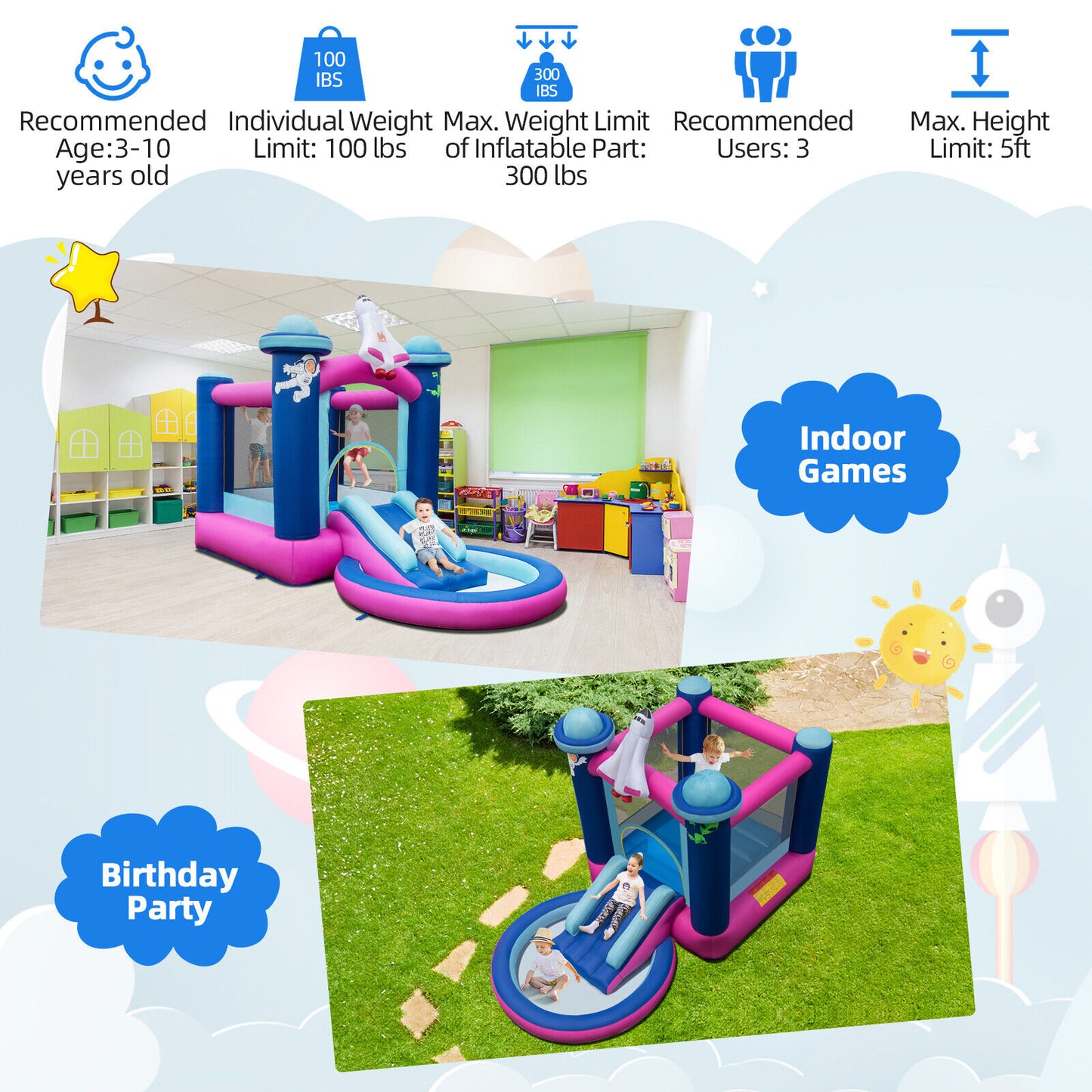 3-in-1 Inflatable Space-themed Bounce House with 480W Blower Kids Crystal