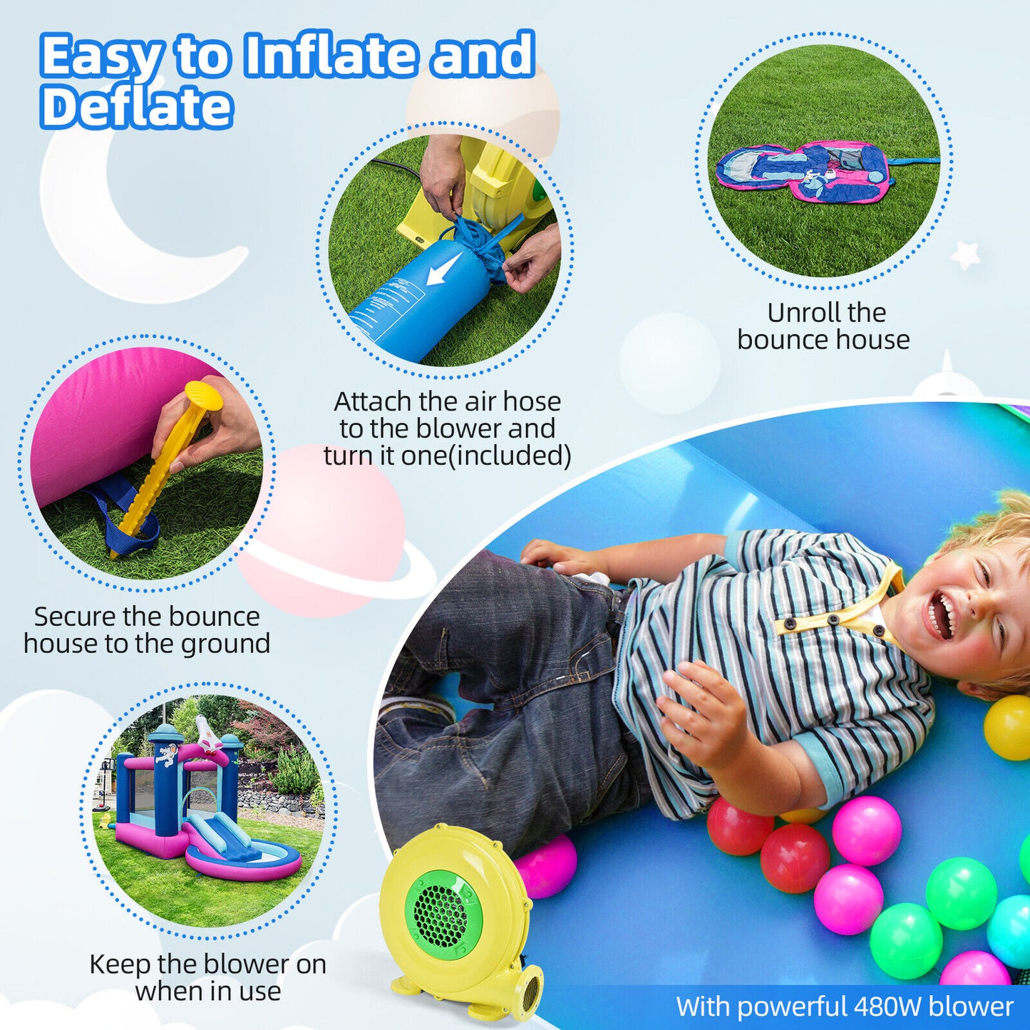 3-in-1 Inflatable Space-themed Bounce House with 480W Blower Kids Crystal