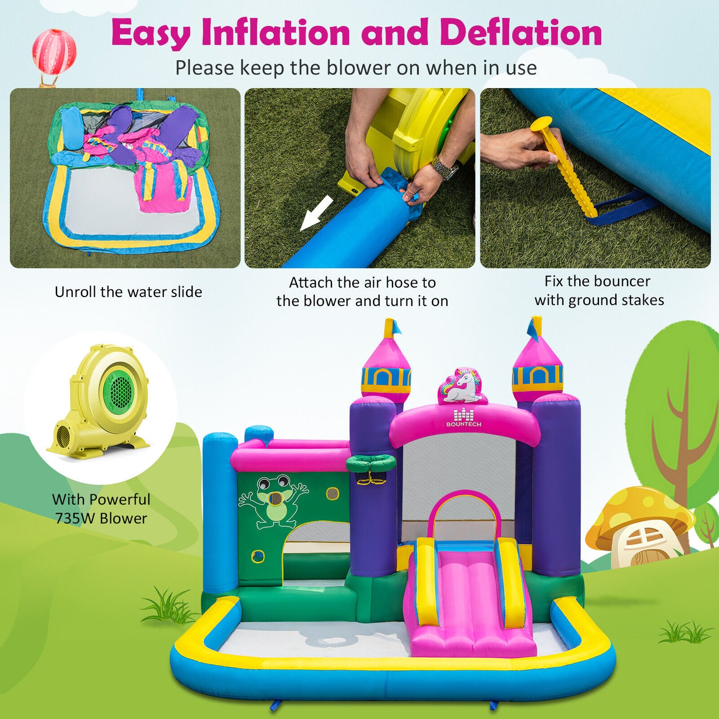 6-in-1 Kids Inflatable Unicorn-themed Bounce House with 735W Blower Kids Crystal