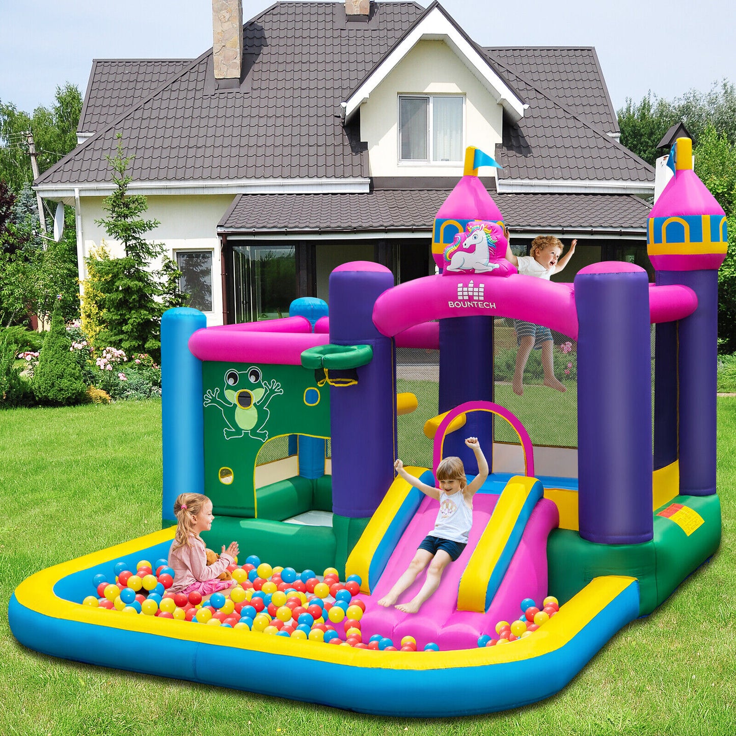 6-in-1 Kids Inflatable Unicorn-themed Bounce House with 735W Blower Kids Crystal