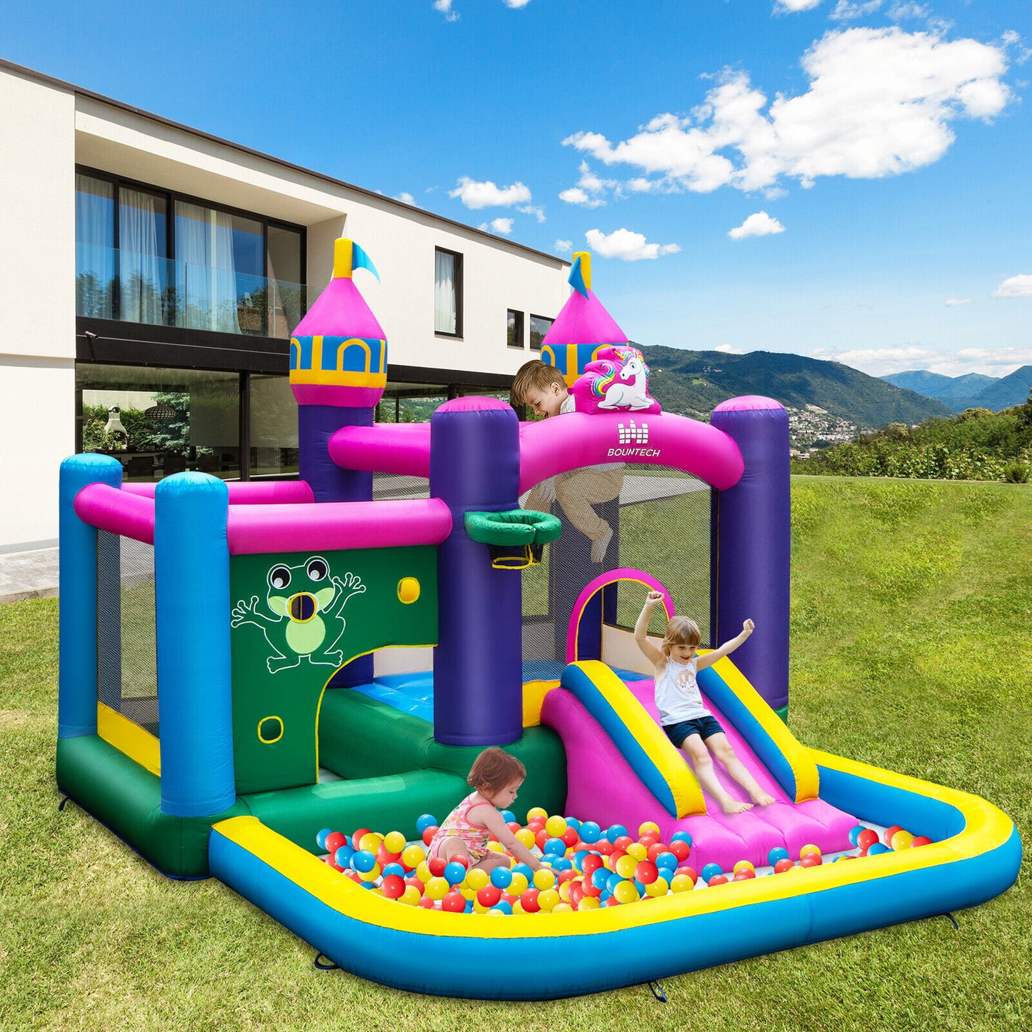 6-in-1 Kids Inflatable Unicorn-themed Bounce House with 735W Blower Kids Crystal