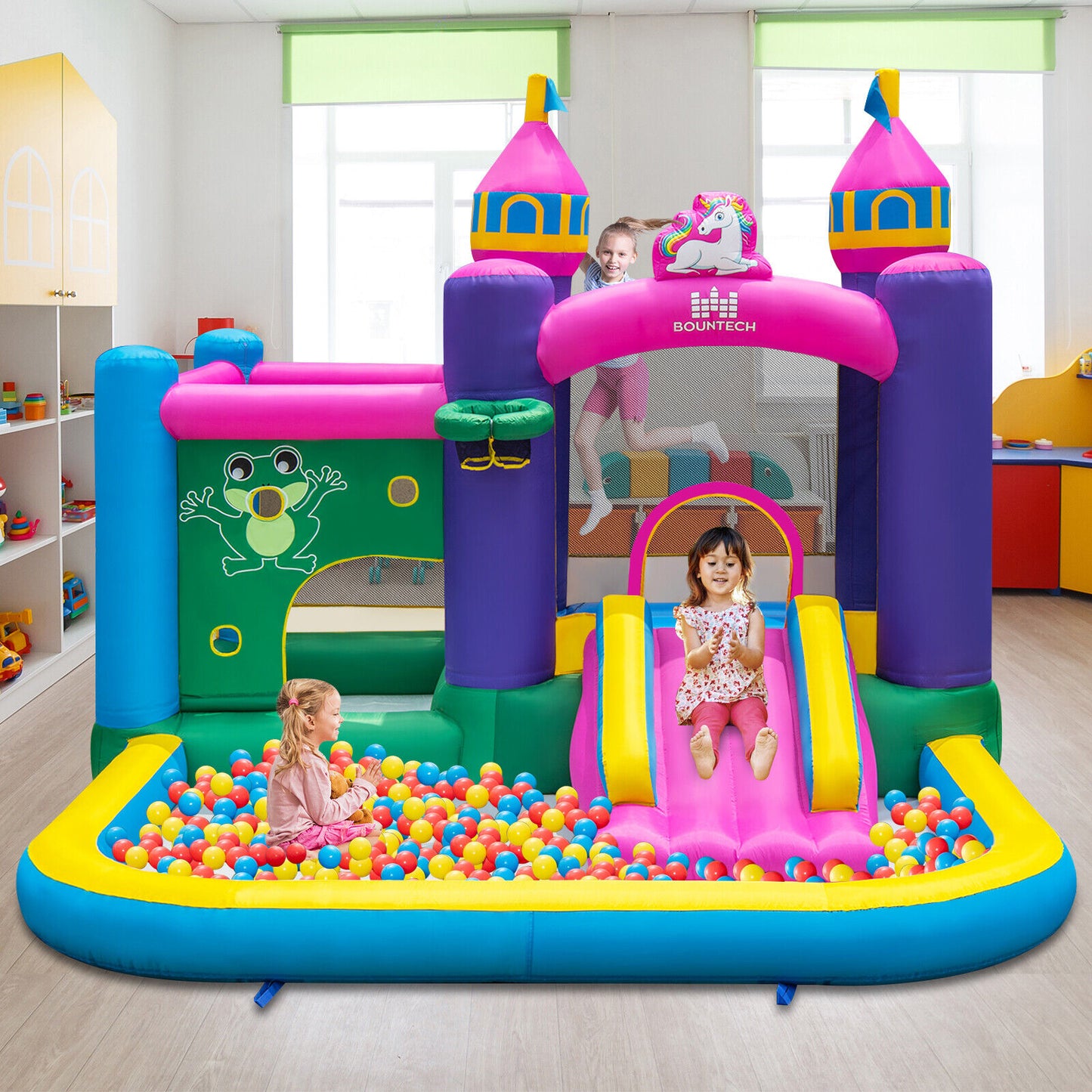 6-in-1 Kids Inflatable Unicorn-themed Bounce House with 735W Blower Kids Crystal