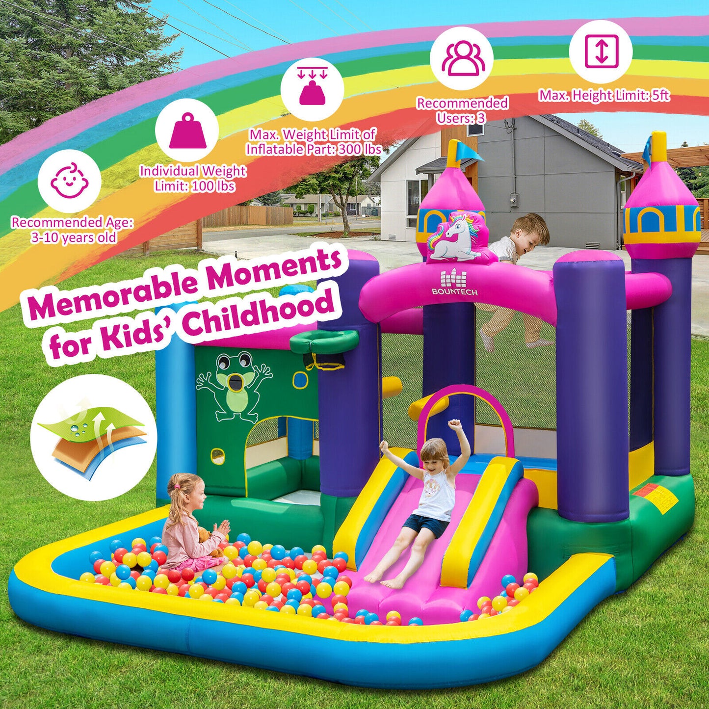 6-in-1 Kids Inflatable Unicorn-themed Bounce House with 735W Blower Kids Crystal