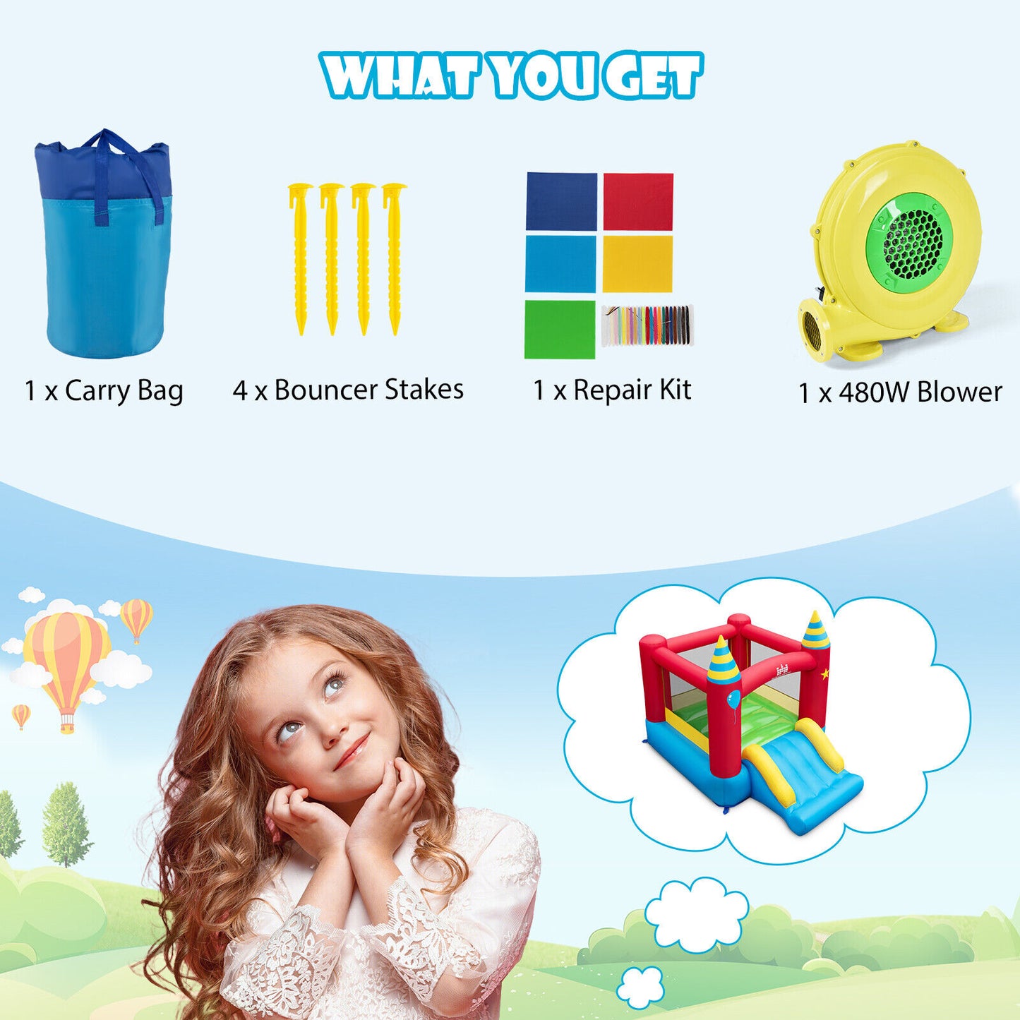 Inflatable Kids Bounce Castle with 480W Blower Kids Crystal