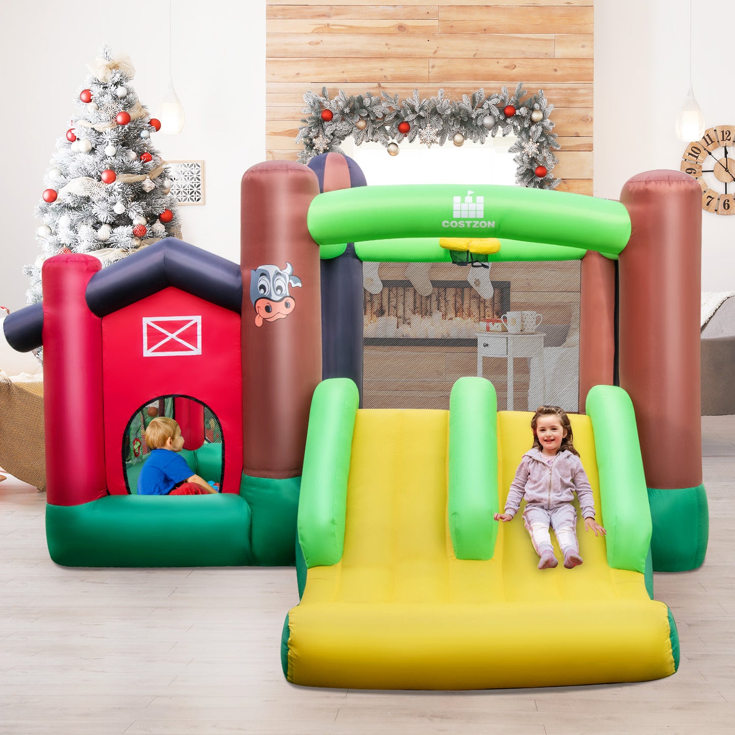 Farm Themed 6-in-1 Inflatable Castle with Trampoline and 735W Blower Kids Crystal