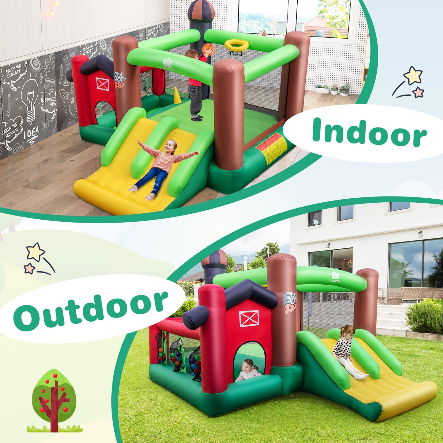Farm Themed 6-in-1 Inflatable Castle with Trampoline and 735W Blower Kids Crystal