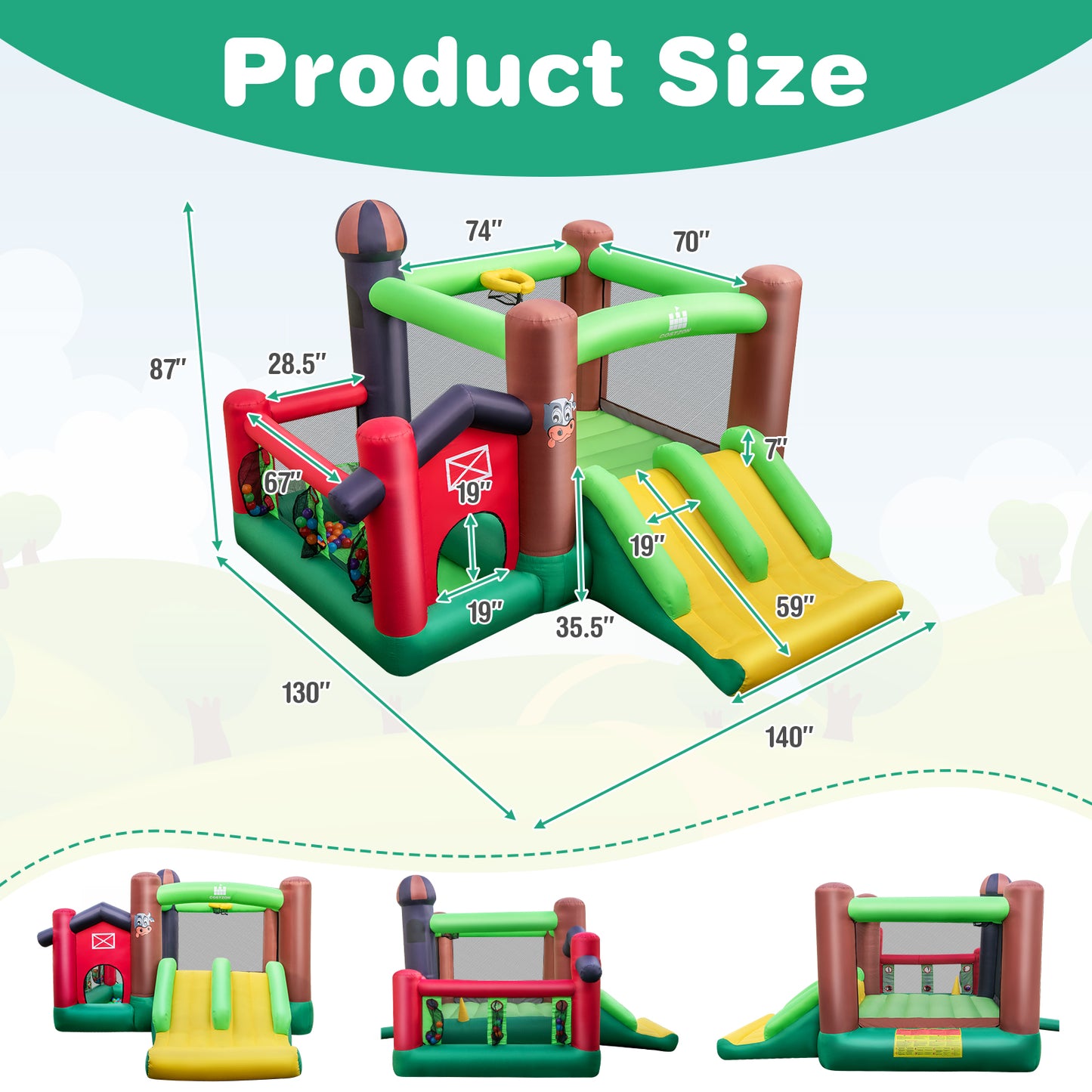 Farm Themed 6-in-1 Inflatable Castle with Trampoline and 735W Blower Kids Crystal