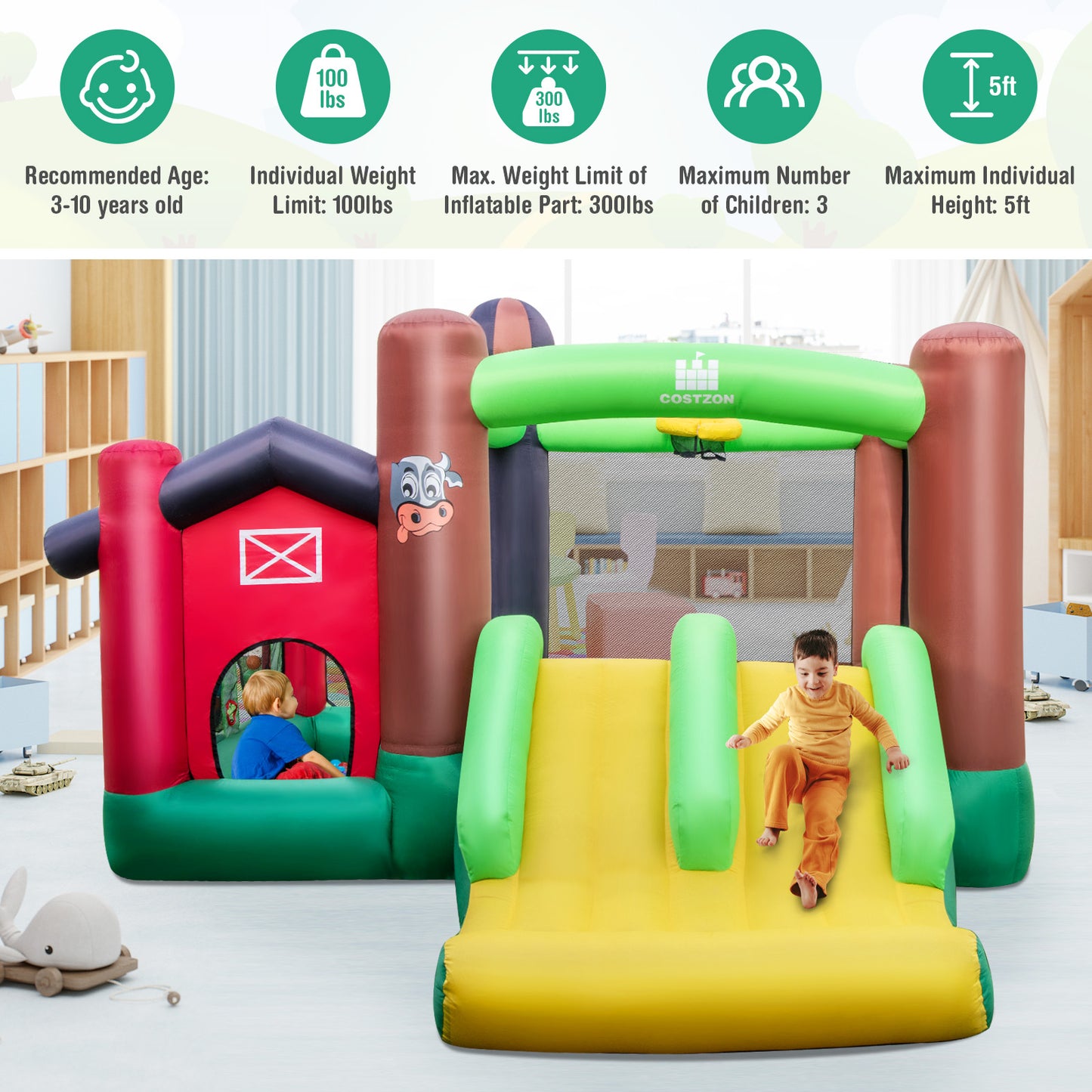 Farm Themed 6-in-1 Inflatable Castle with Trampoline and 735W Blower Kids Crystal