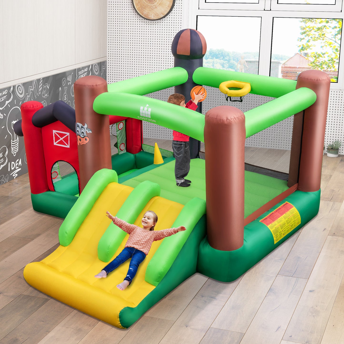 Farm Themed 6-in-1 Inflatable Castle with Trampoline and 735W Blower Kids Crystal