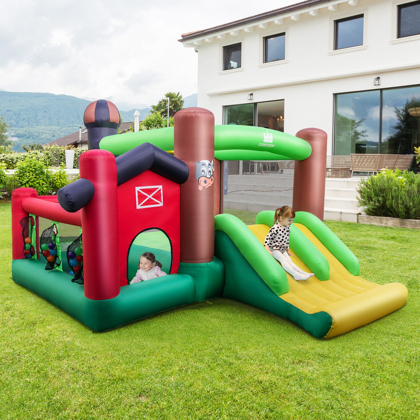 Farm Themed 6-in-1 Inflatable Castle with Trampoline and 735W Blower Kids Crystal