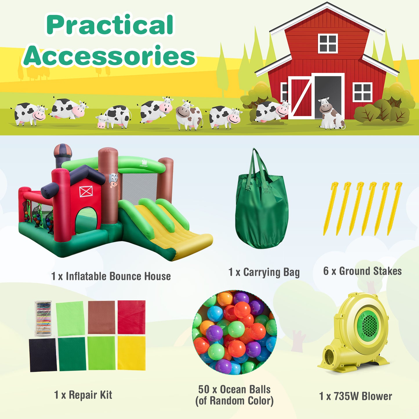 Farm Themed 6-in-1 Inflatable Castle with Trampoline and 735W Blower Kids Crystal