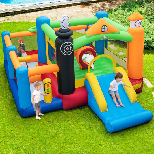 Train Themed Kids Bouncer with Slide and Basketball Hoop with 950W Air Blower Kids Crystal
