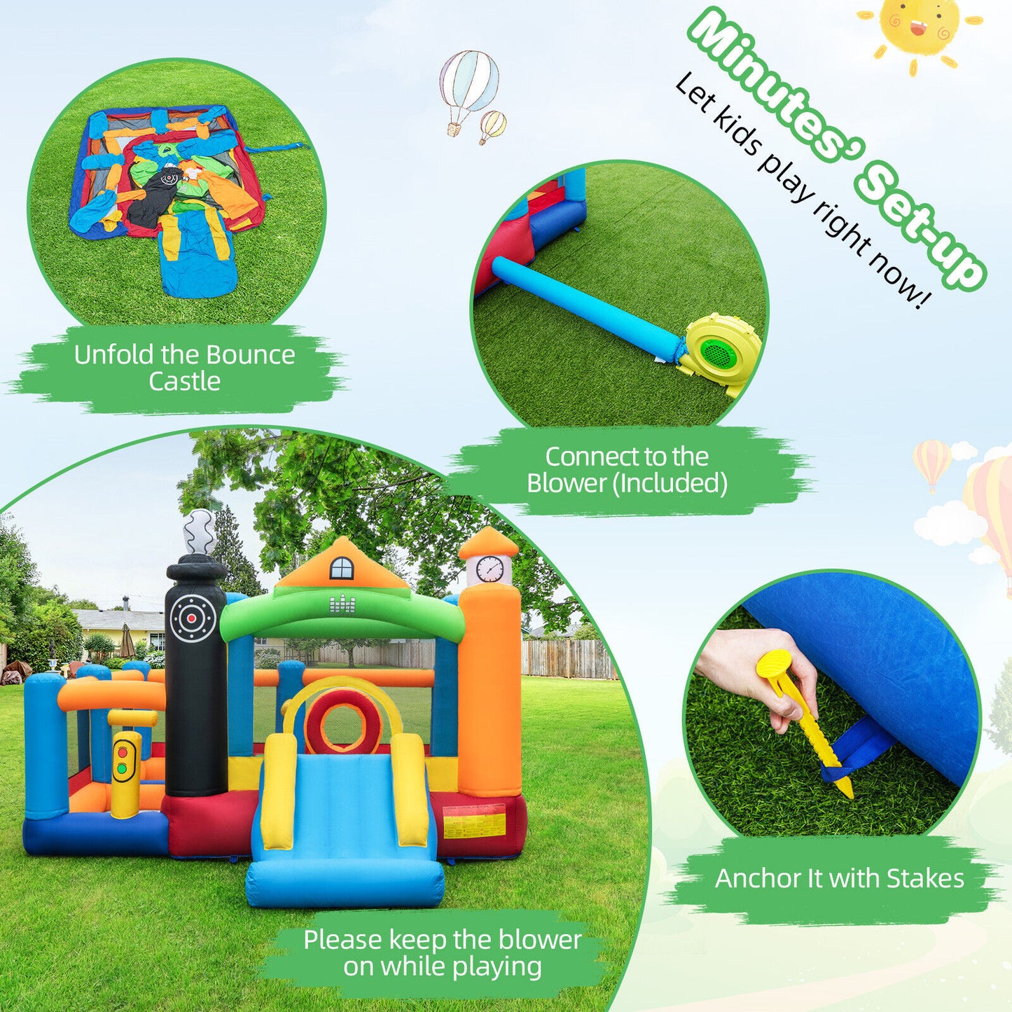 Train Themed Kids Bouncer with Slide and Basketball Hoop with 950W Air Blower Kids Crystal