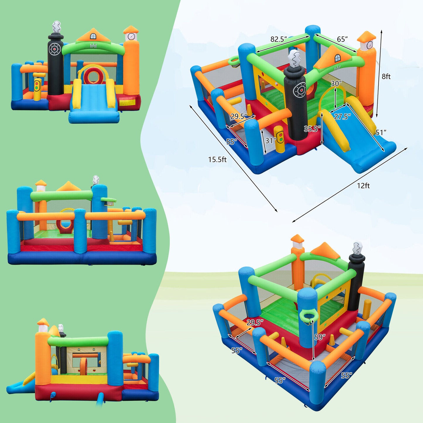 Train Themed Kids Bouncer with Slide and Basketball Hoop with 950W Air Blower Kids Crystal