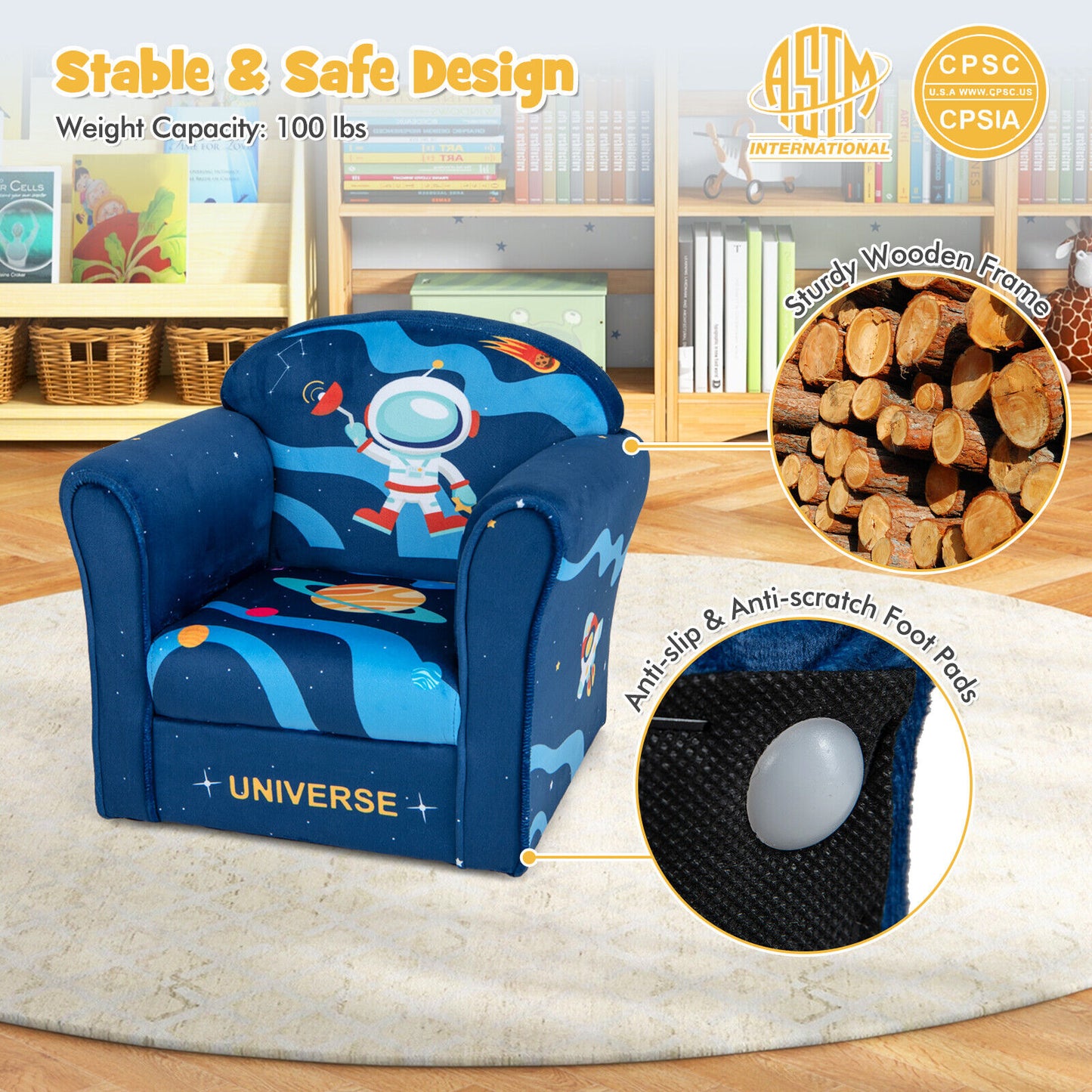 Toddler Upholstered Armchair with Solid Wooden Frame and High-density Sponge Filling-Multicolor