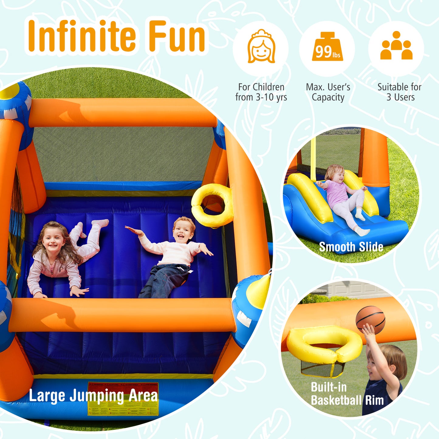 Kids Inflatable Bounce House Magic Castle with Large Jumping Area with 735W Blower Kids Crystal