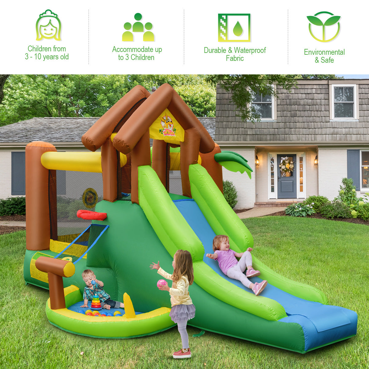 Kids Inflatable Jungle Bounce House Castle with 680W Blower Kids Crystal