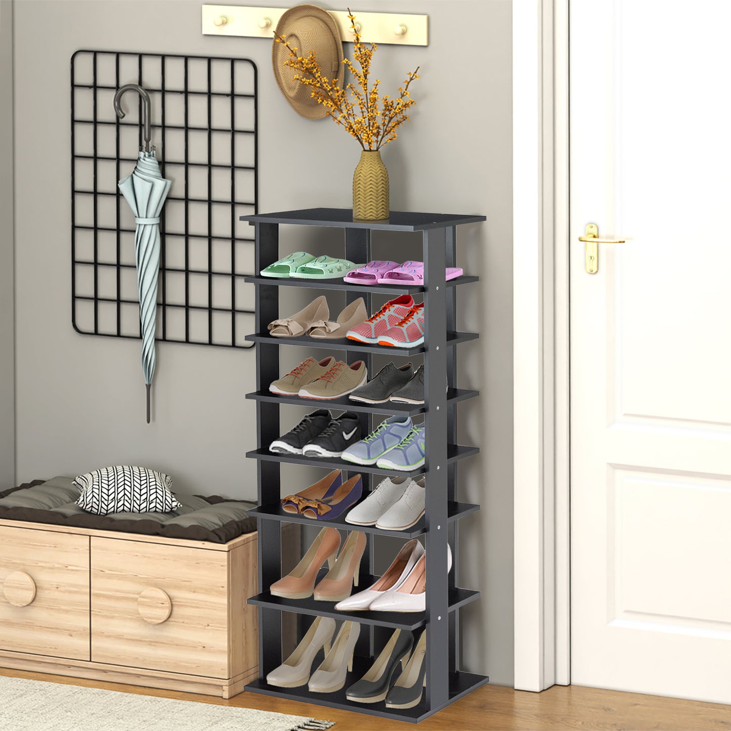 7-Tier Dual 14 Pair Shoe Rack Free Standing Concise Shelves Storage-Black Kids Crystal