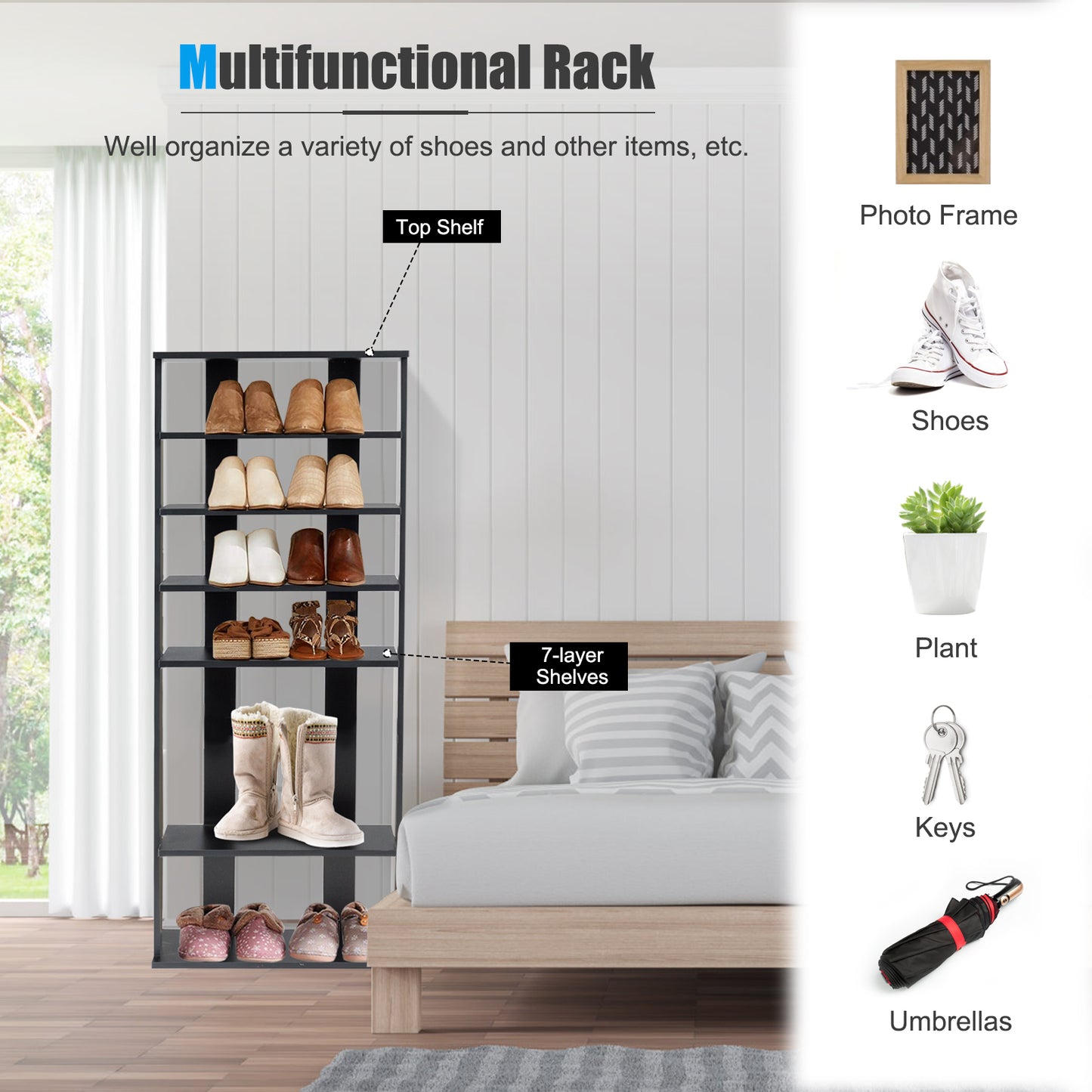 7-Tier Dual 14 Pair Shoe Rack Free Standing Concise Shelves Storage-Black Kids Crystal