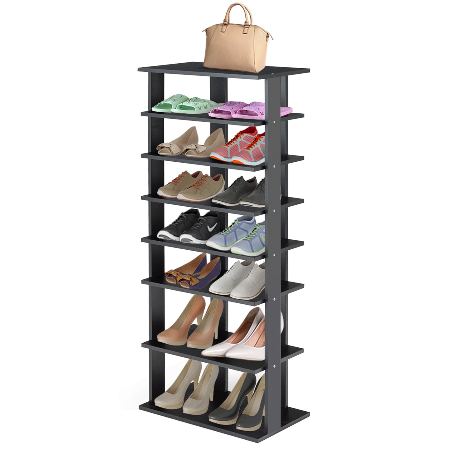 7-Tier Dual 14 Pair Shoe Rack Free Standing Concise Shelves Storage-Black Kids Crystal