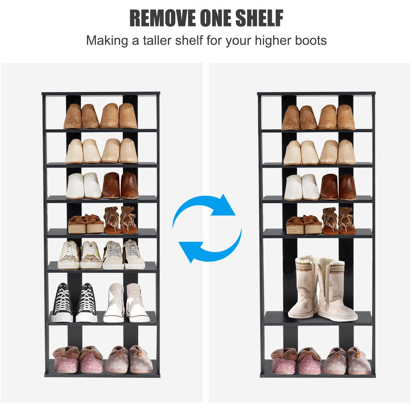 7-Tier Dual 14 Pair Shoe Rack Free Standing Concise Shelves Storage-Black Kids Crystal